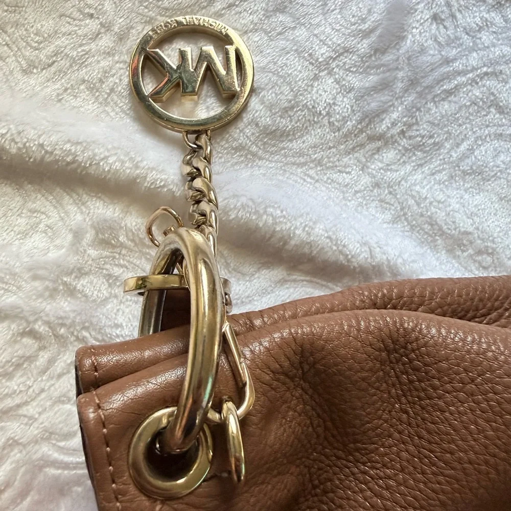 Michael Kors Brown Leather Hobo Bag Shoulder Purse Gold Tone Logo
